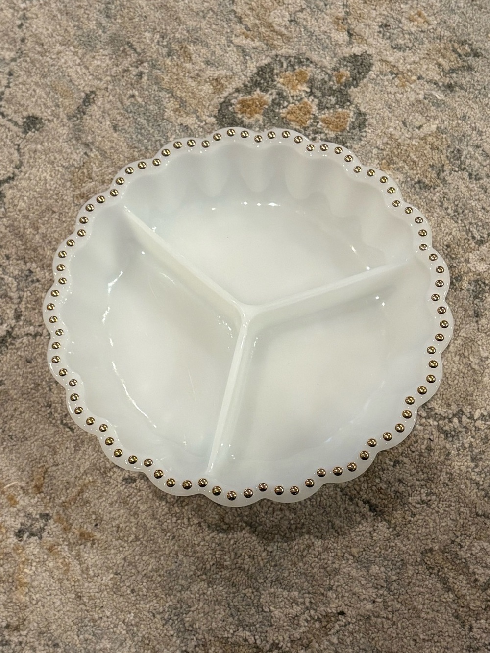 Vintage/antique Milk Glass Divided Dish with Hobnail Gold Rim